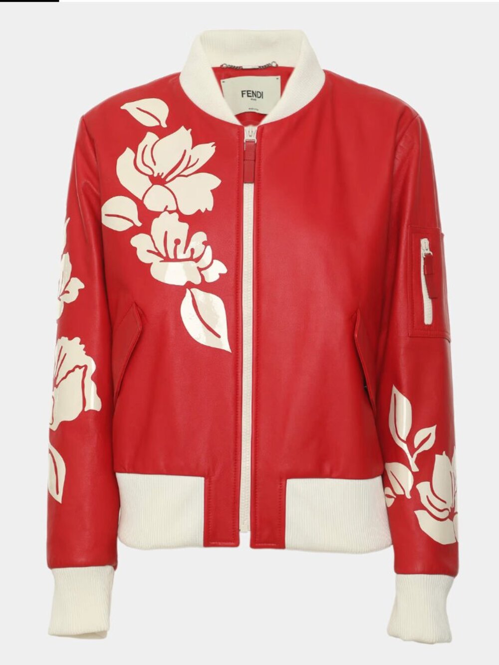 FENDI Red Leather Floral Appliqué Bomber Jacket Resort 2017 Vintage Size 40
